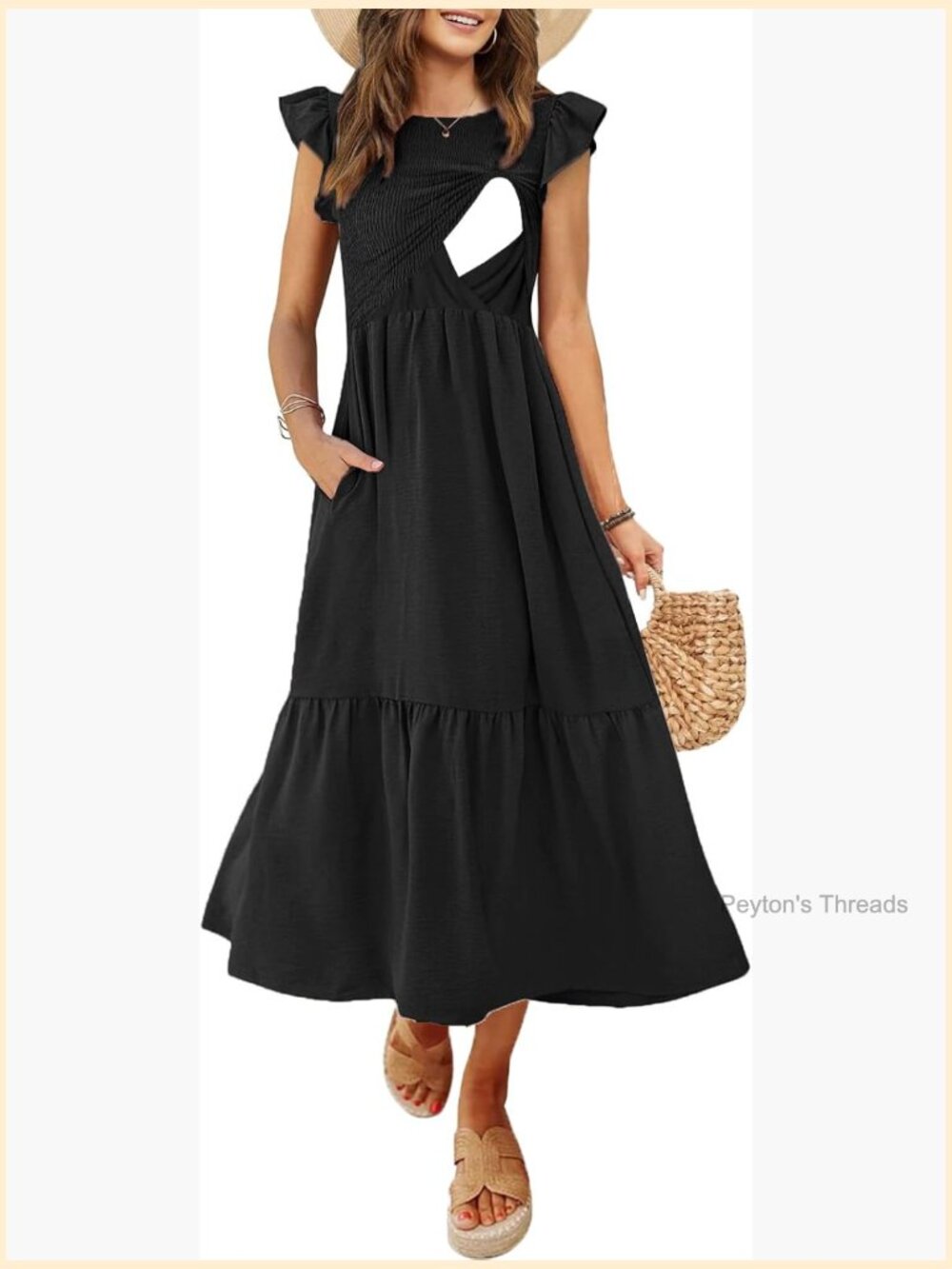 Women's Midi Nursing Dress with Pockets Flutter Short Sleeve Crew Neck Smocked